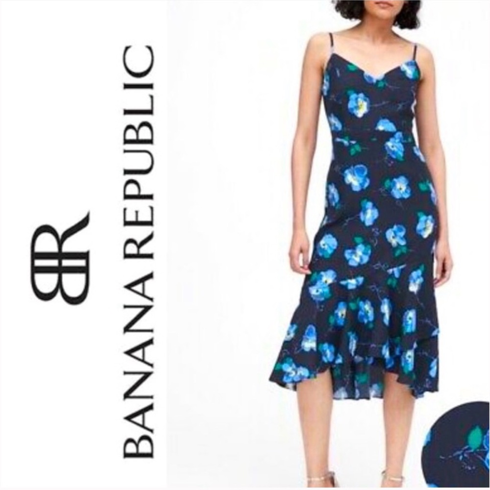 Banana Republic Petite Floral Blue Women's Dress Spaghetti Strap Flare bottom - Picture 2 of 7